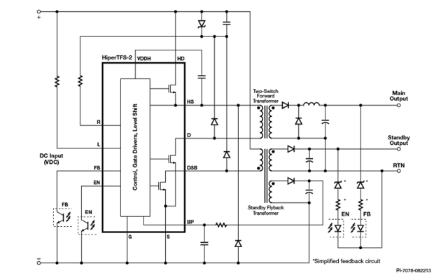 图1所示。Two-Switch向前回扫转换器的示意图。