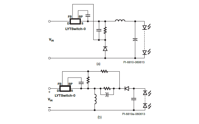典型應用電路圖(a)降壓式，(b)升降壓式。