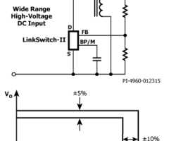 典型应用/性能-非简化电路(a)和输出特性包络(b)。
